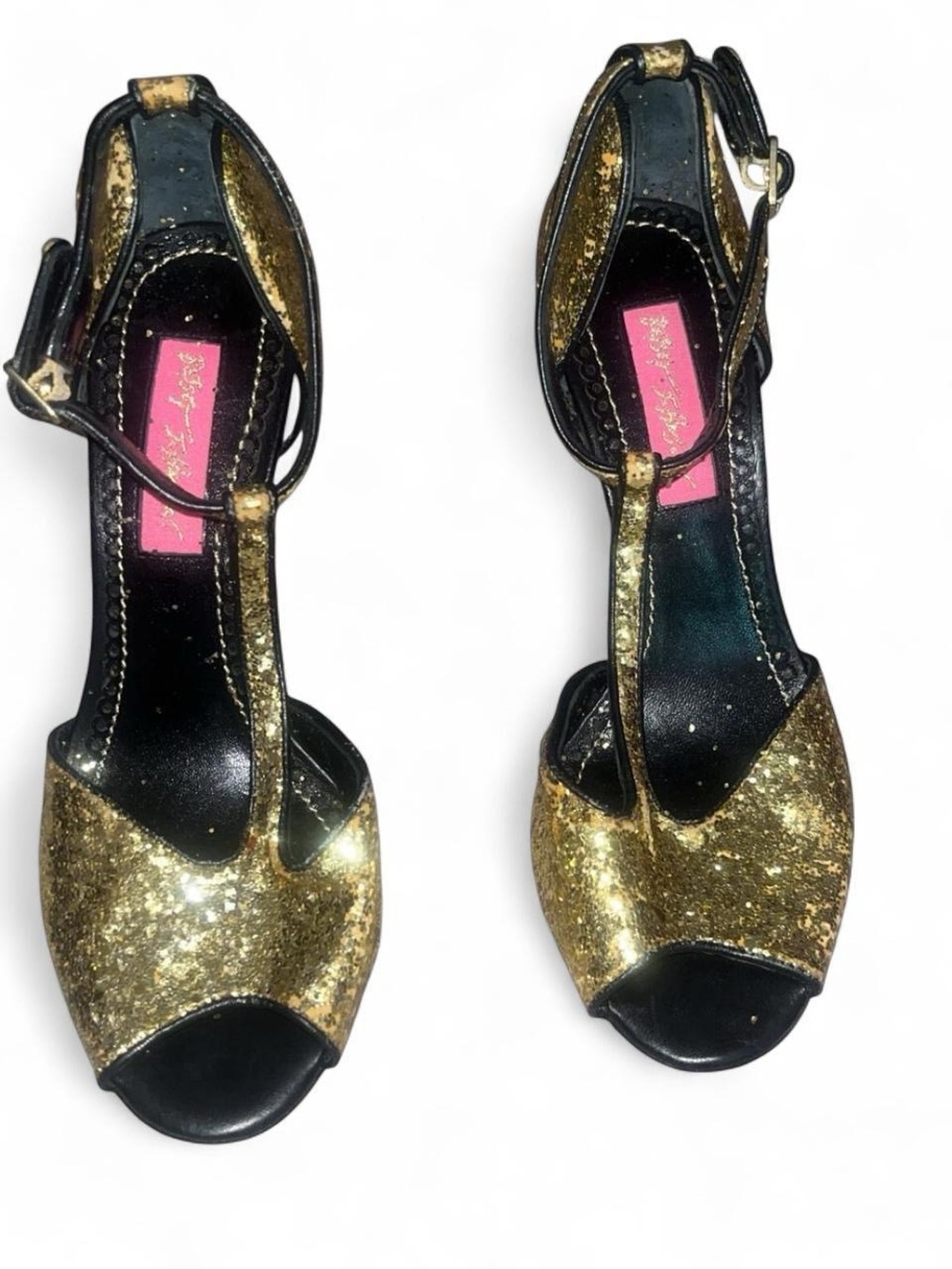 Gold Glitter T-Strap Heels with Ankle Buckle